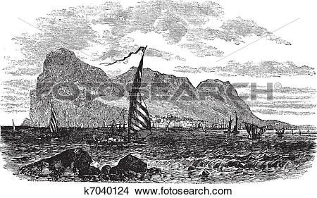 Clipart of Gibraltar in Iberian Peninsula Europe vintage engraving.