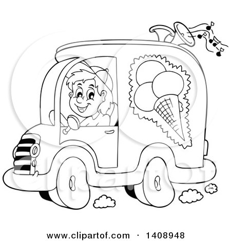 Clipart of a Black and White Lineart Ice Cream Truck Driver.