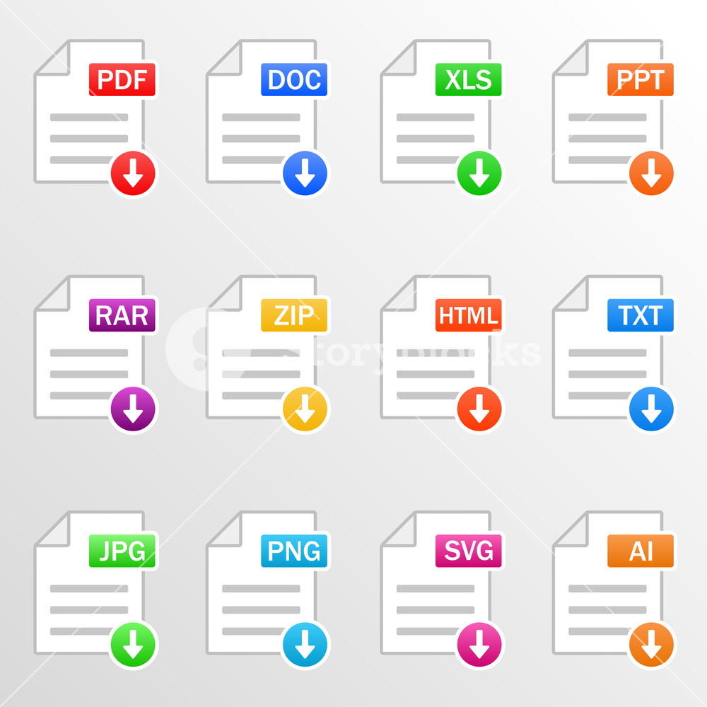 Document files. Icon set. Download file formats.