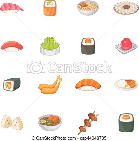 Estilo, iconos, japonés de comida, conjunto, caricatura.