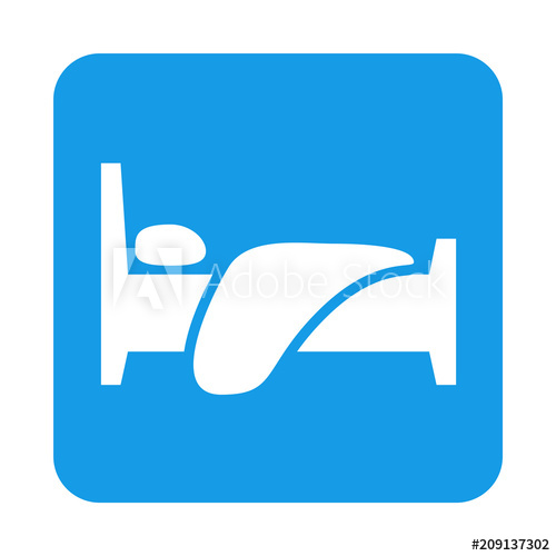 Icono plano cama de hotel en cuadrado azul.