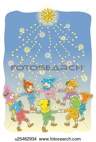 Drawings of Painting of Children dancing under Illumination.