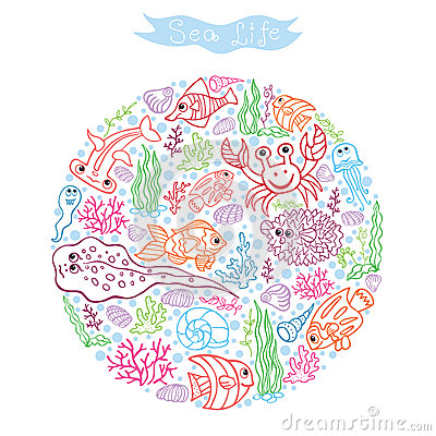 Doodle Sea Life Circle Composition Stock Vector.