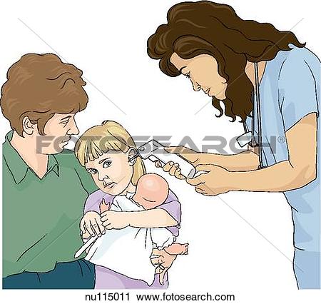 Clipart of Nurse performs ear examination with otoscope on child.