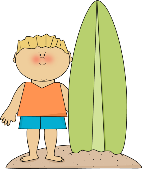 Boy With Surfboard in the Sand Clip Art.