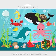 Under The Sea Clip Art, Ocean Digital ClipArt, Bright Cute Fishes.