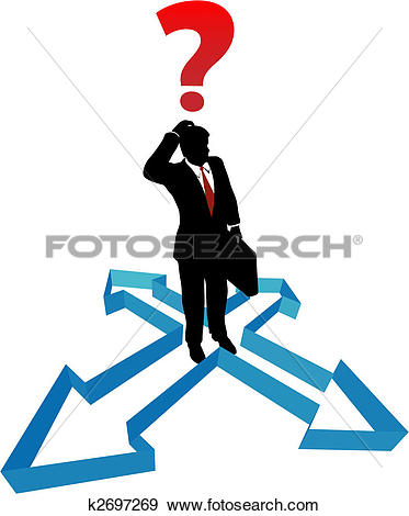 Clipart of Question person undecided in decision direction arrows.