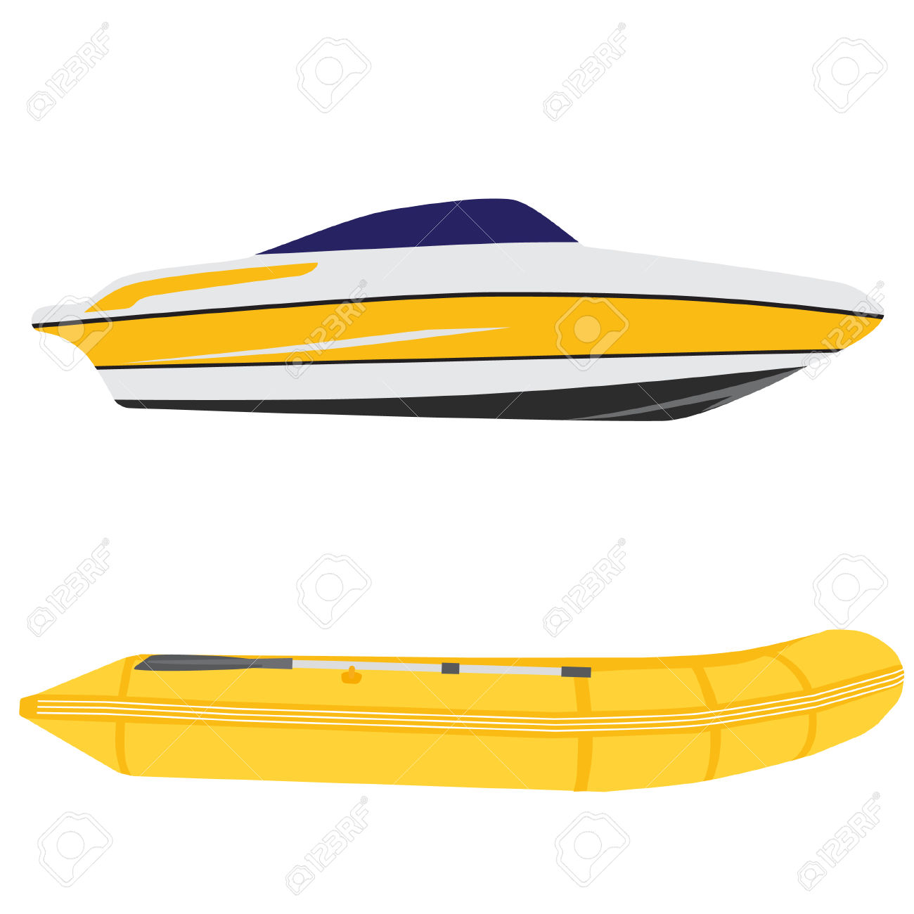 Illustration Of Luxury Yacht And Yellow Rubber Boat, Inflatable.