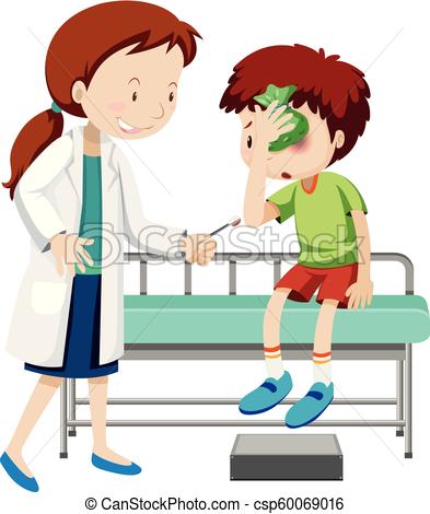 Doctor helping injured boy.