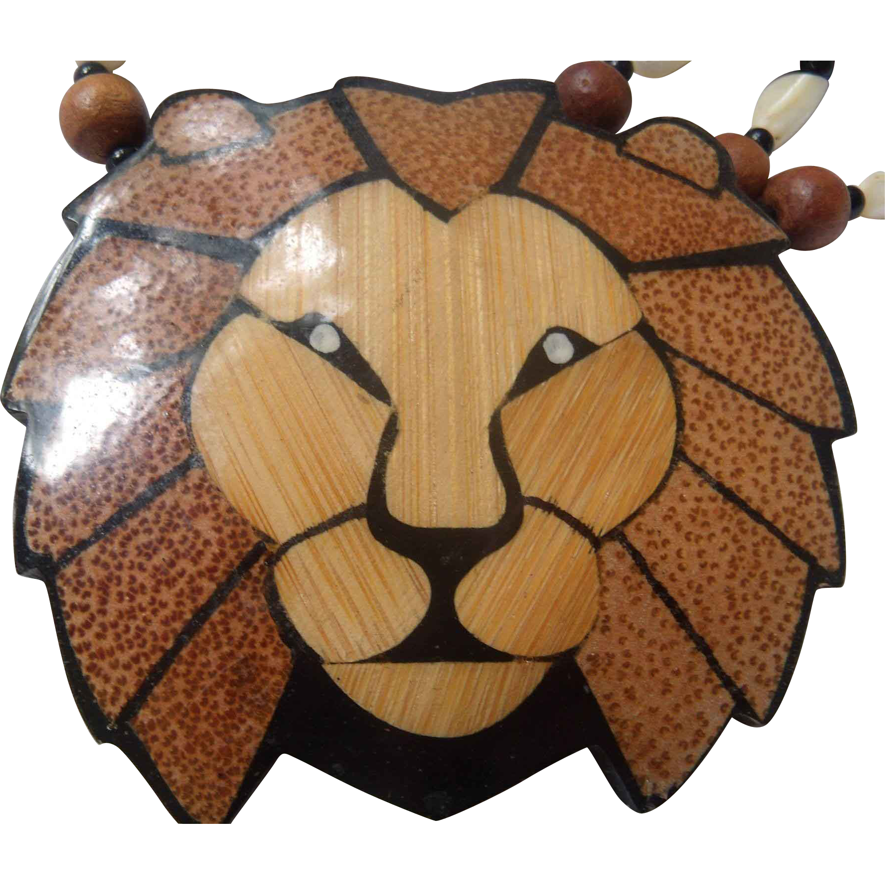 Inlaid Wood & Mother of Pearl Lion Necklace from antiquelyourfancy.