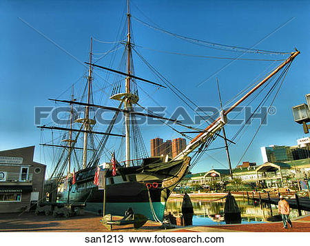 Stock Photo of Tall, colonial ship docked at the Inner Harbor.