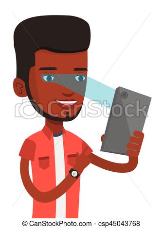 Clip Art Vector of Man using iris scanner to unlock mobile phone.