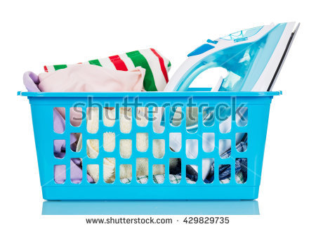 Basket With Linen And Ironing Steam Iron Isolated On White.