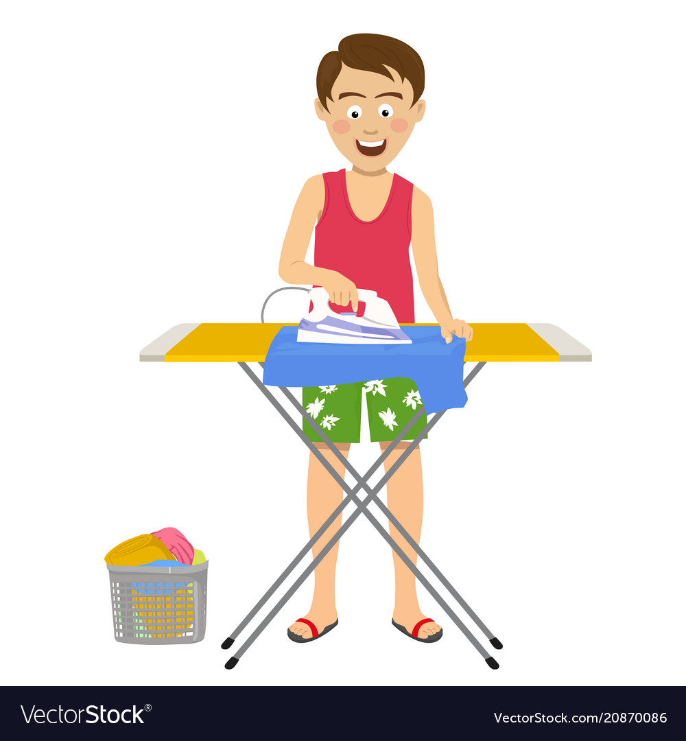 Young man ironing his clothes on ironing board.
