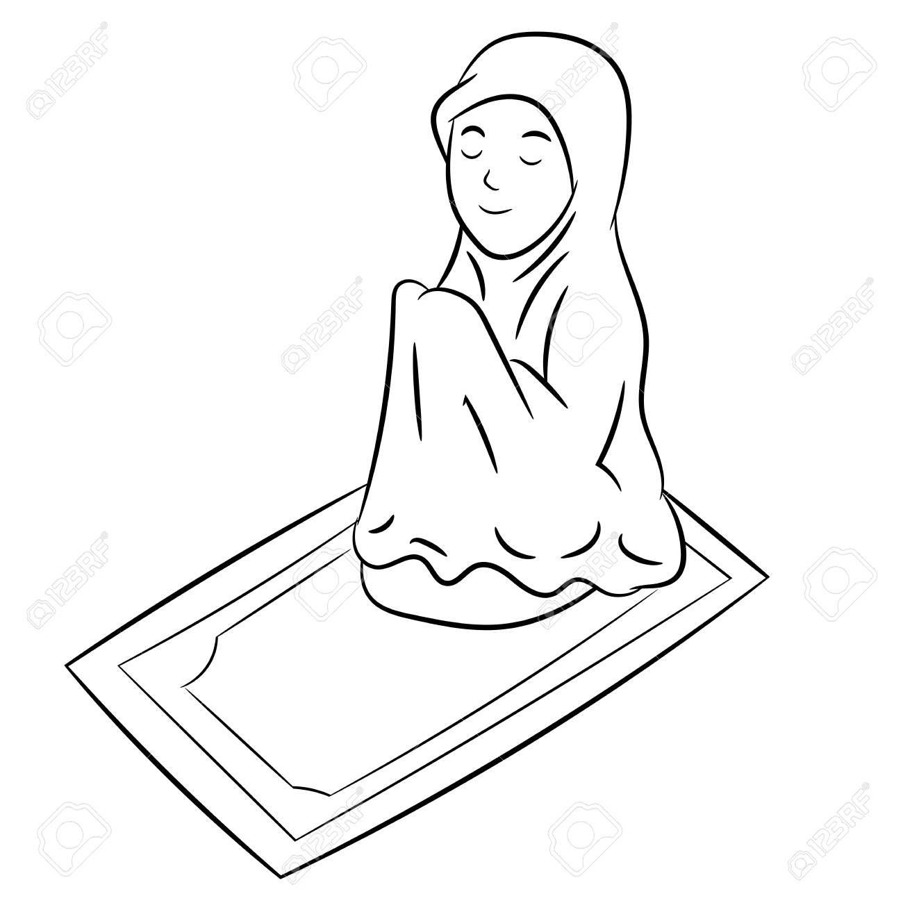 Muslim Girl praying Isolated on white background. Black and White...