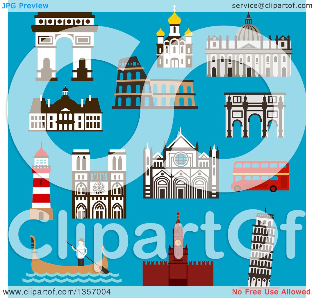 Clipart of Flat Design Architectural Landmarks of Italy, France.