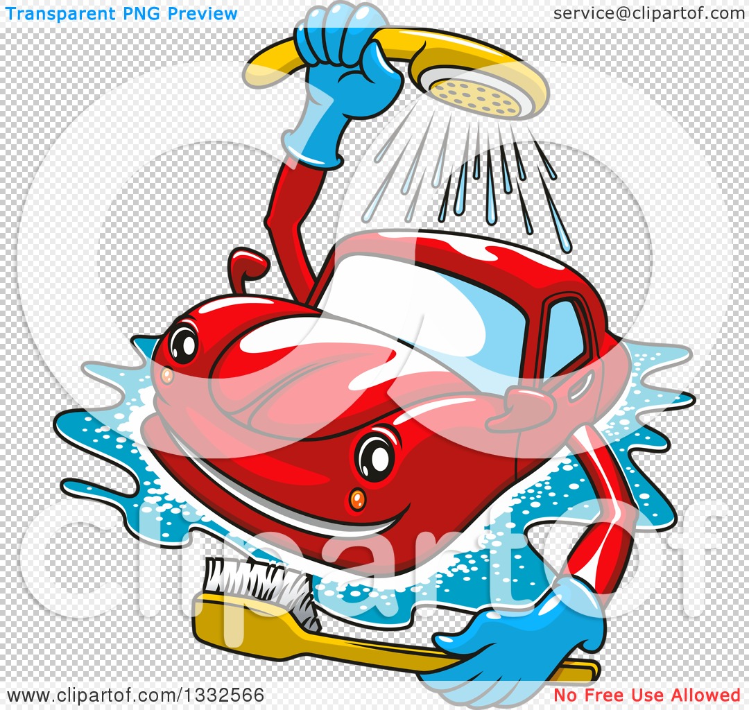 Clipart of a Cartoon Red Car Washing Itself with a Brush.