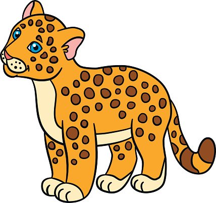 Cartoon animals for kids. Little baby jaguar smiles. Clipart.