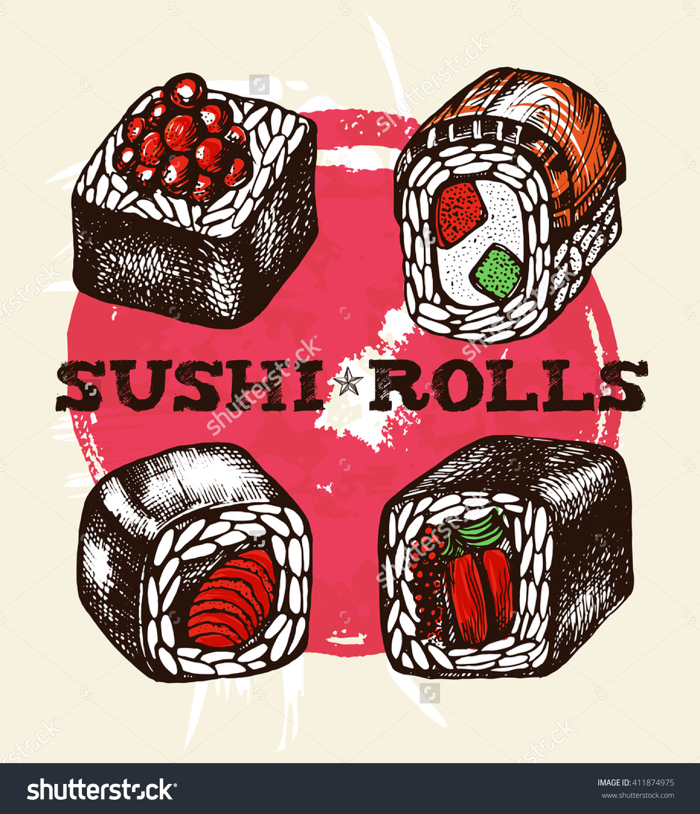 Japanese Sushi Rolls (Maki). Vector Illustration In Vintage Style.