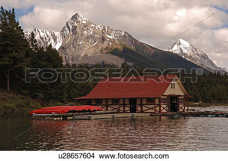 Stock Photo of Boathouse on Maligne Lake, Jasper National Park.