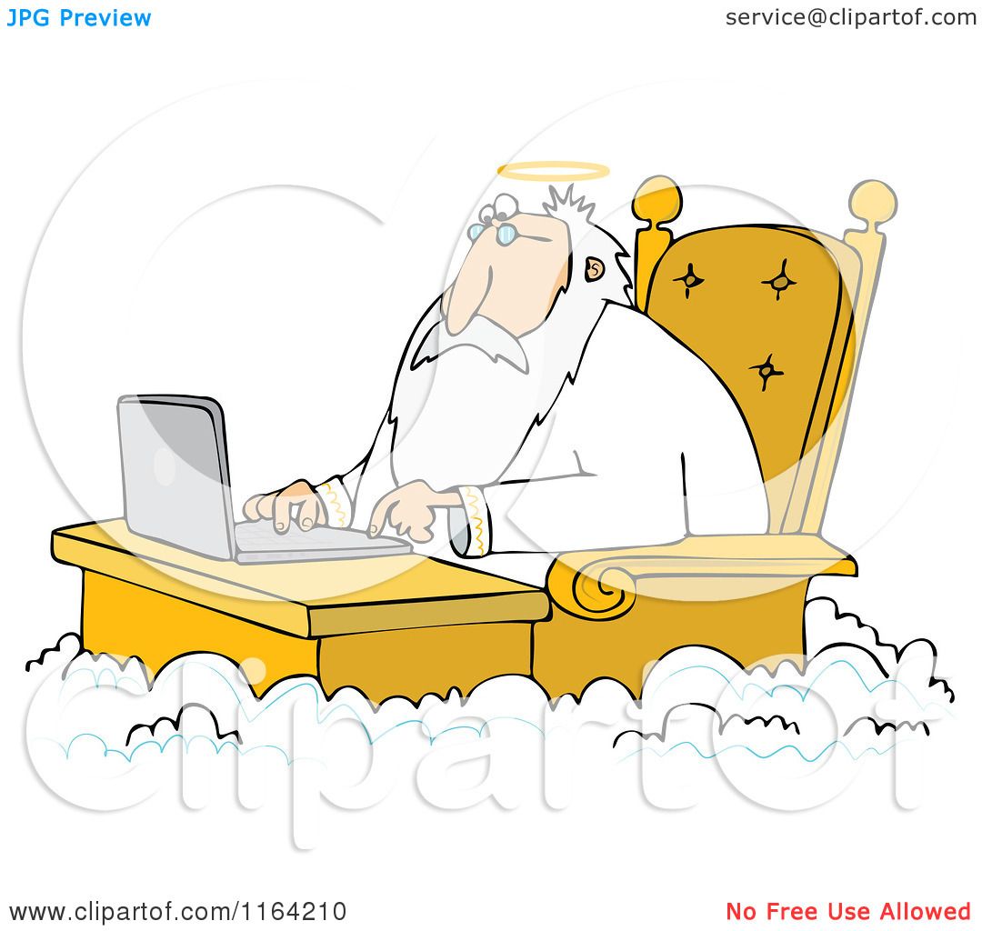 Cartoon of Jesus Working on a Laptop at a Desk in Heaven.