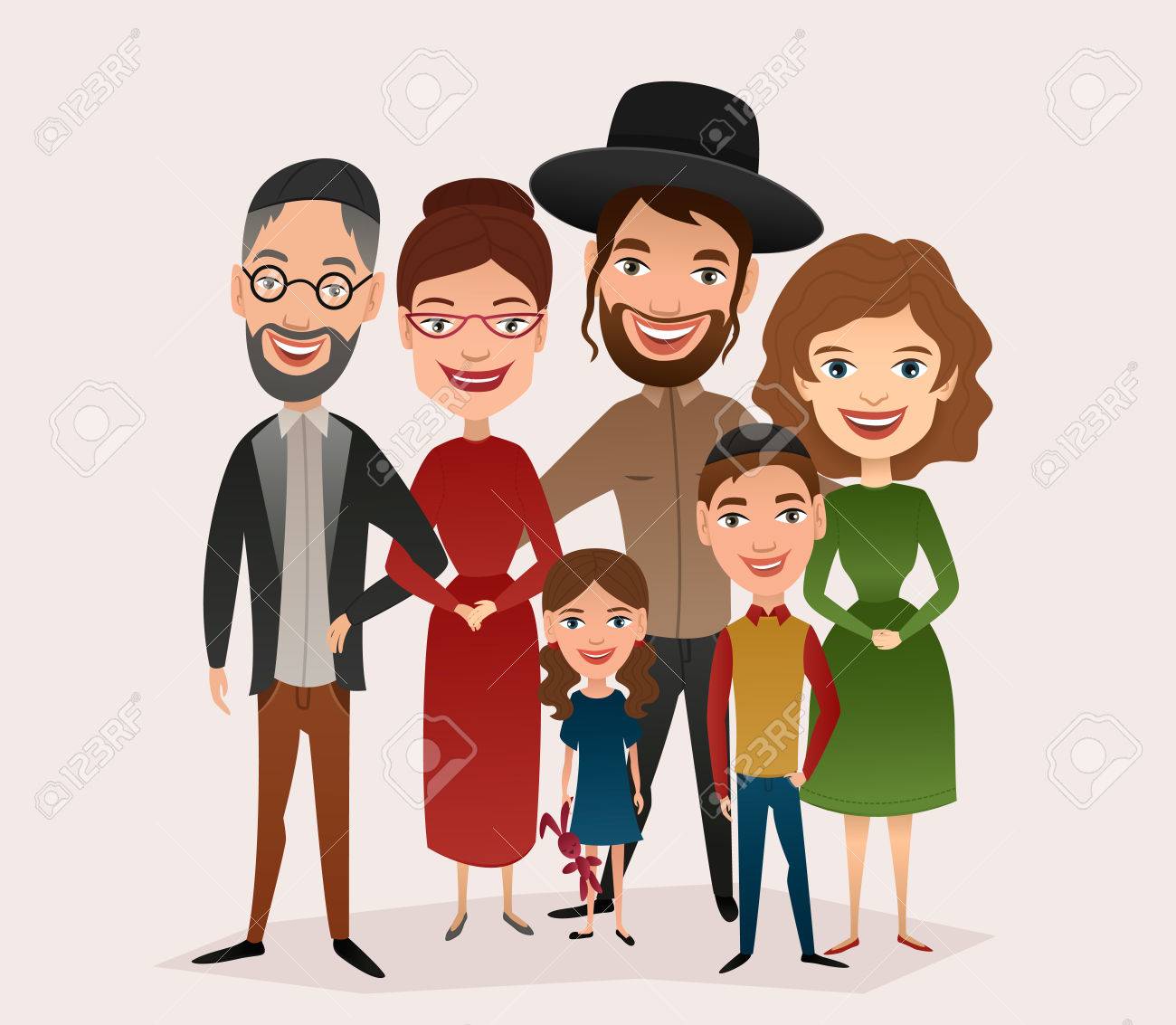 Big Happy Jewish Family Isolated Vector Illustration. Mother,.