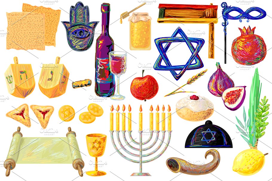 Jewish holidays symbols Clip Art Set.