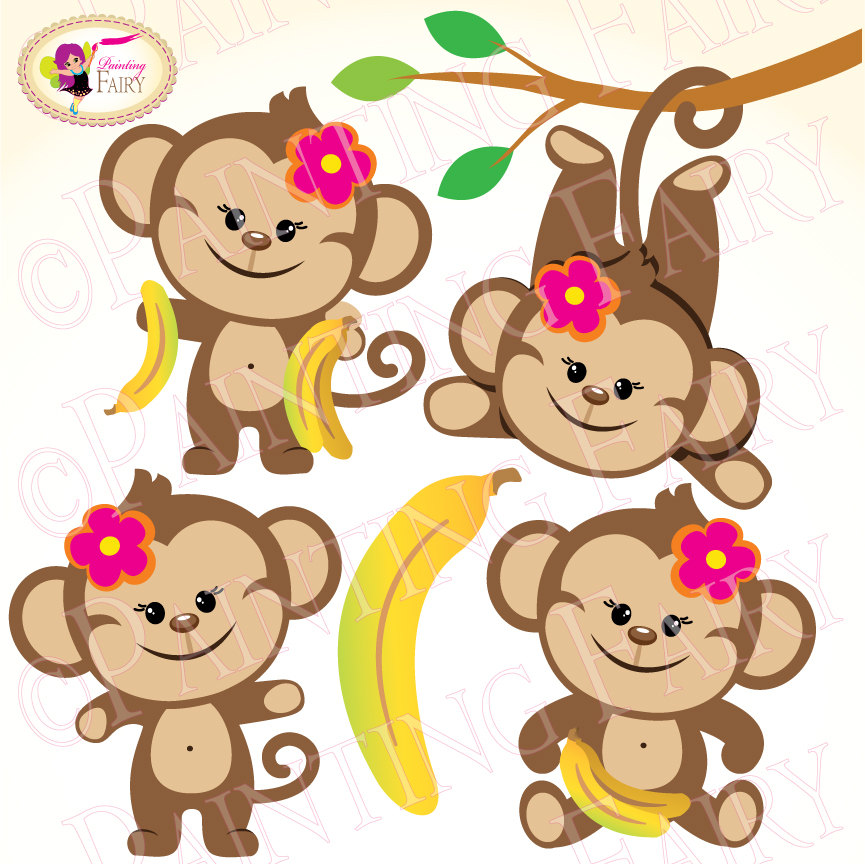 Clipart Cute Girl Monkeys with Bananas Zoo Safari clip art Sweet.
