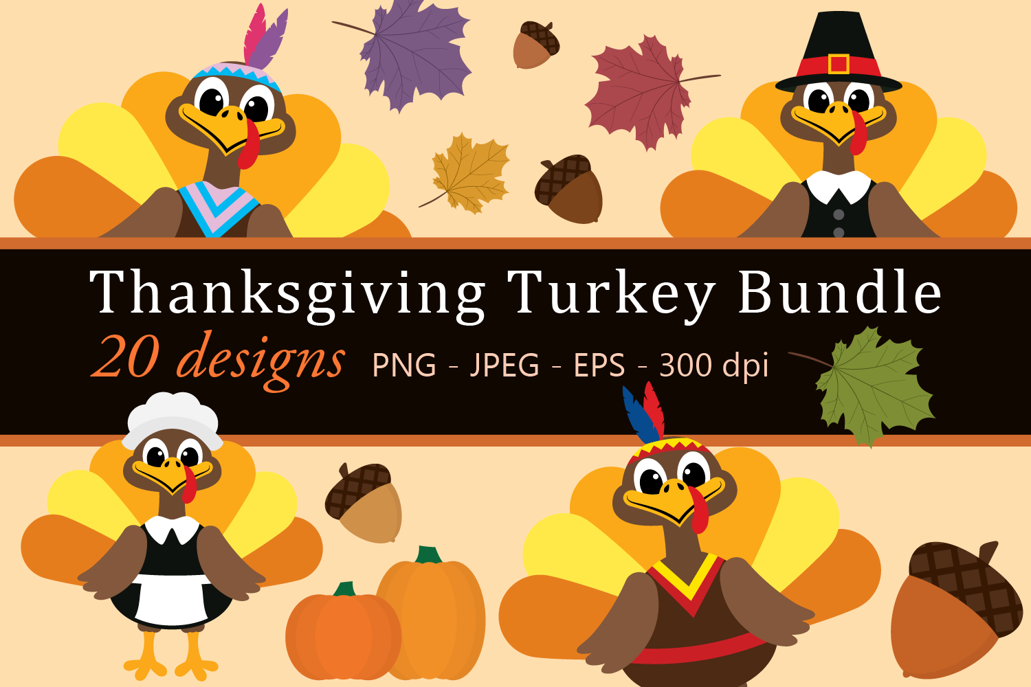 Thanksgiving Turkey Bundle Clipart, Fall, PNG, JPEG, EPS.