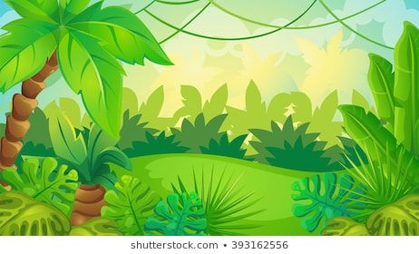 Vector cartoon game background of green jungle landscape.