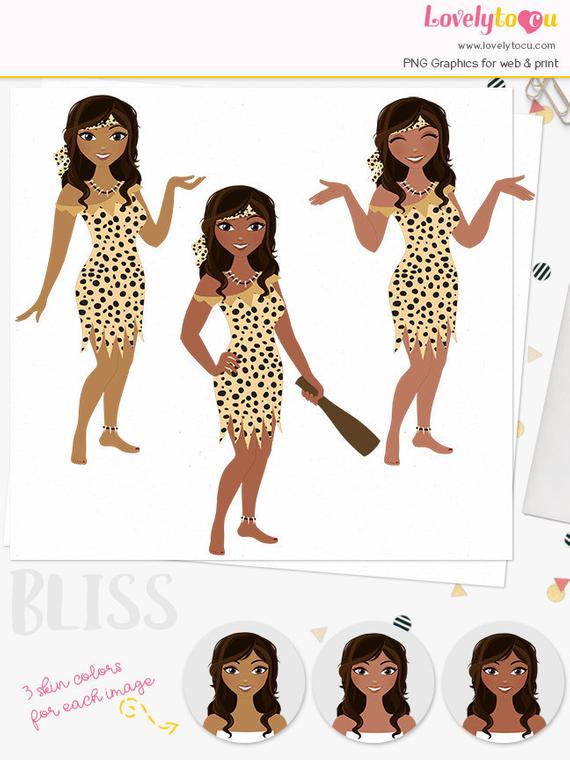 Cave woman character clipart, halloween costume girl clipart, jungle girl  leopard print costume, african american, dark skin (Bliss L466).