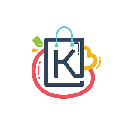 K letter with shopping bag and tag icon. Clipart Image.