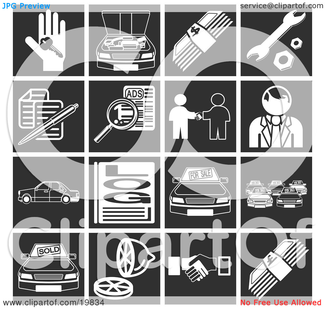 Clipart Illustration of a Collection Of White Automotive Icons.