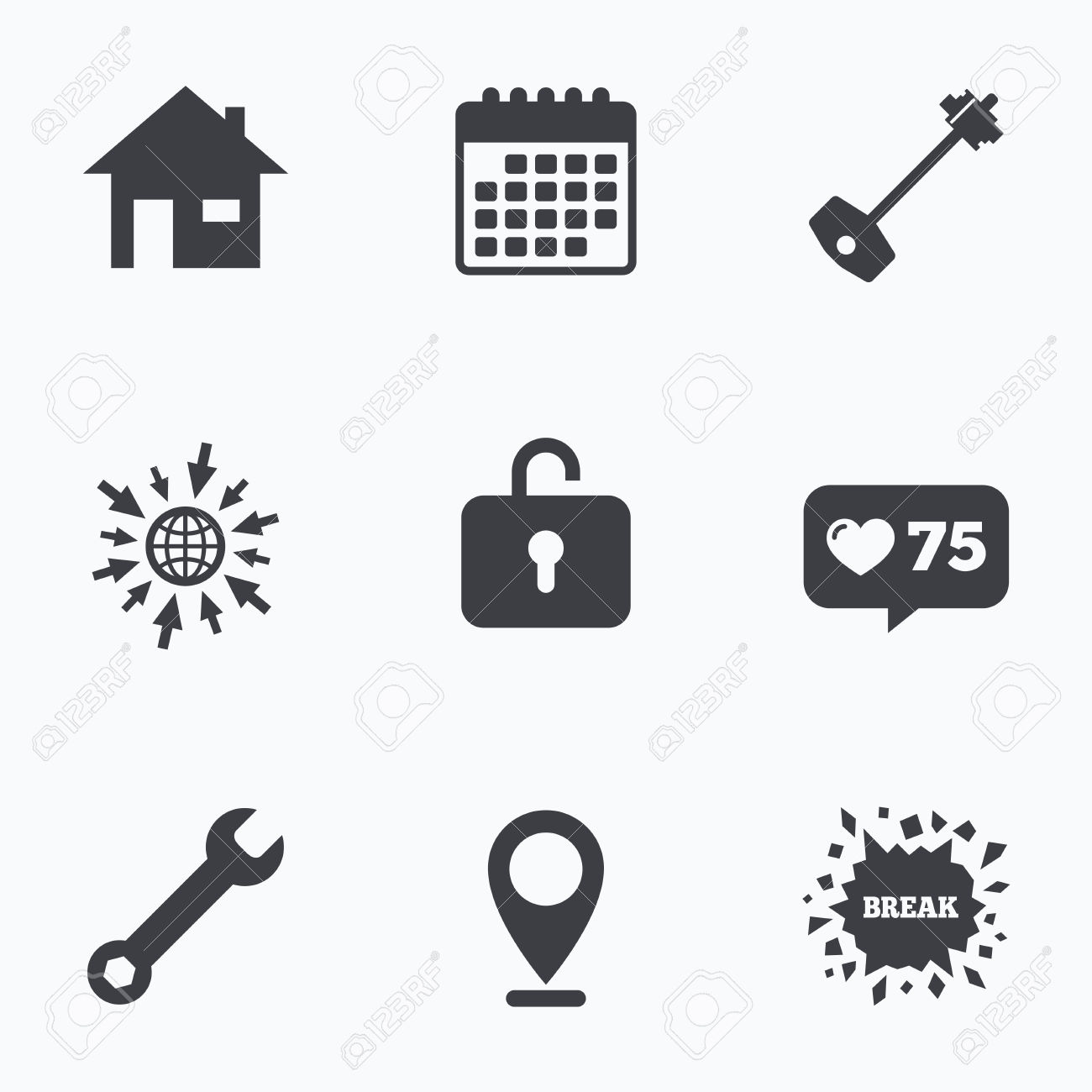 Calendar, Like Counter And Go To Web Icons. Home Key Icon. Wrench.