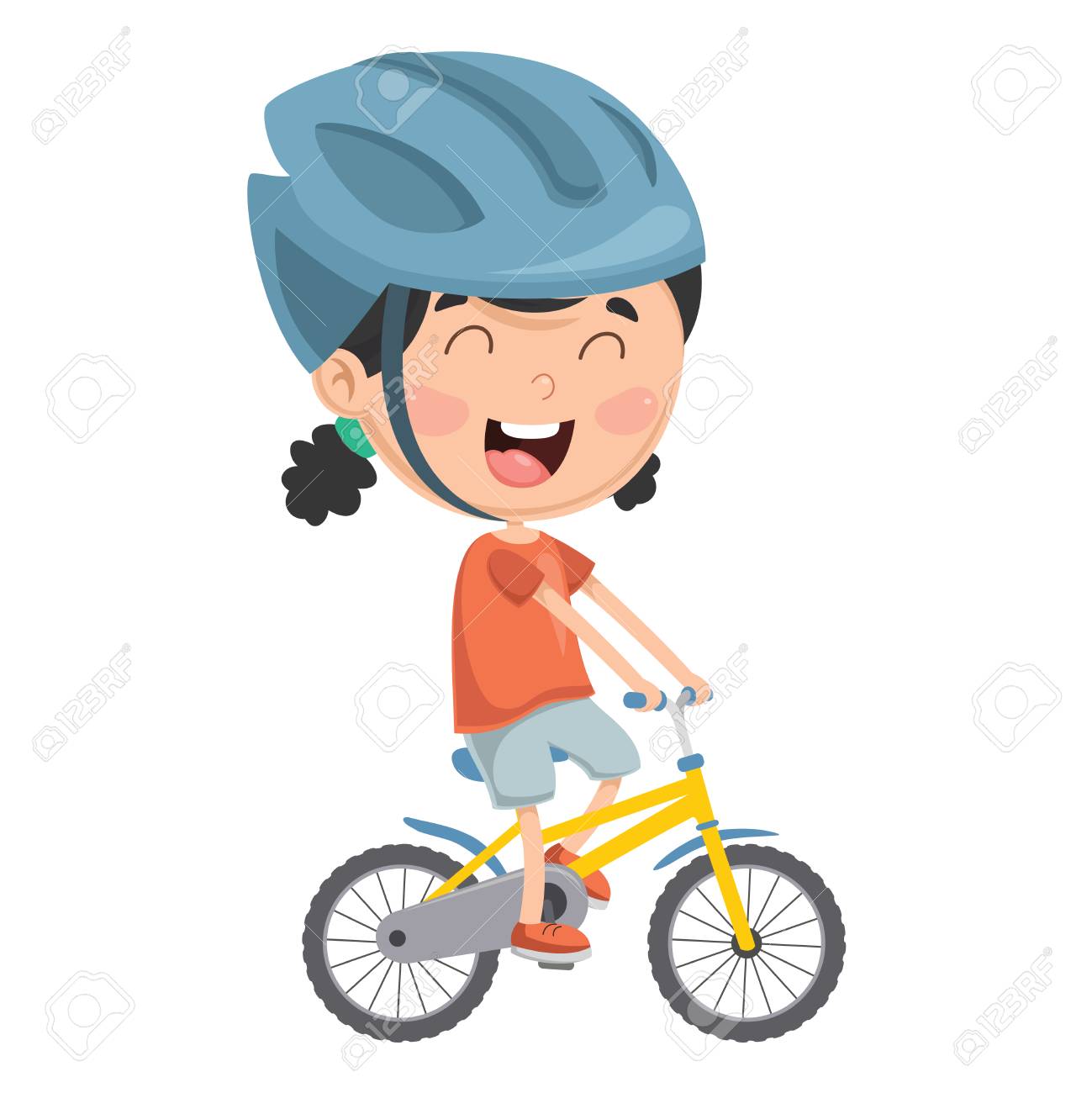 Vector Illustration Of Kid Riding Bike.