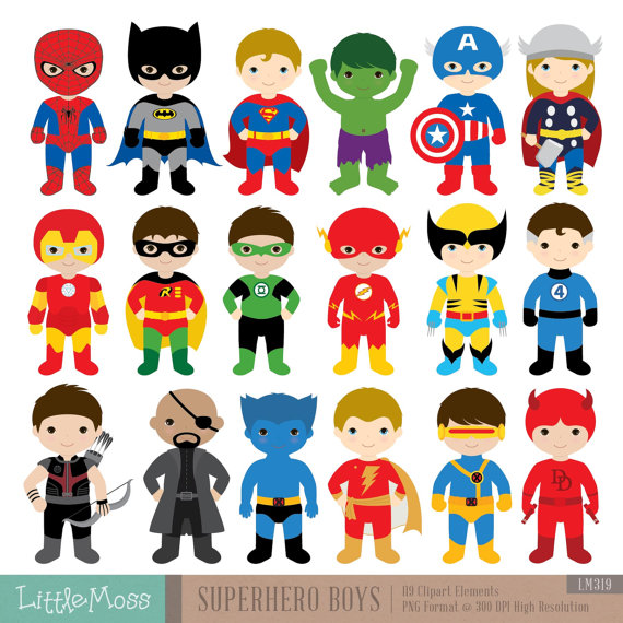 18 Boys Superhero Costumes Clipart, Superheroes Clipart, Superhero.