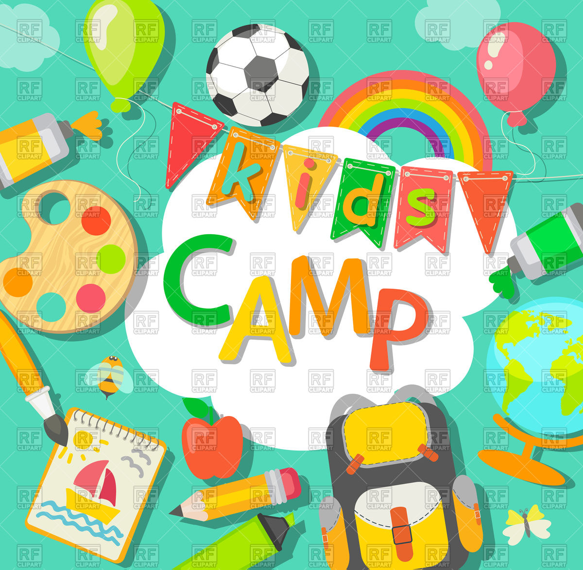 Summer kids camp poster with bag, paint, balloon Stock Vector Image.