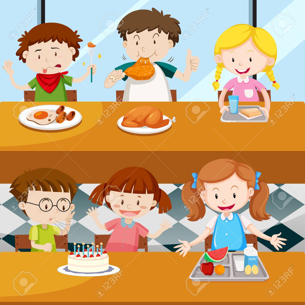 Many kids eating in the canteen illustration..