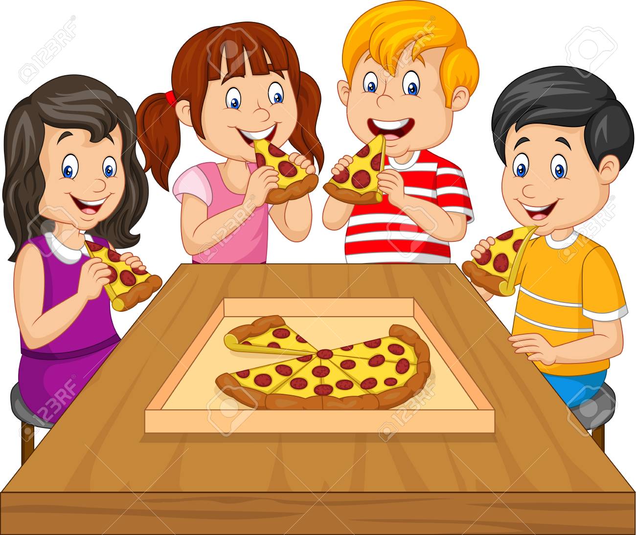 Cartoon kids eating pizza together.