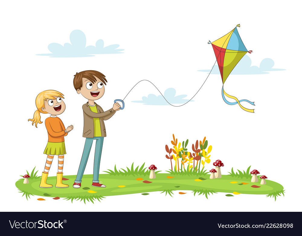 Two kids fly a kite.
