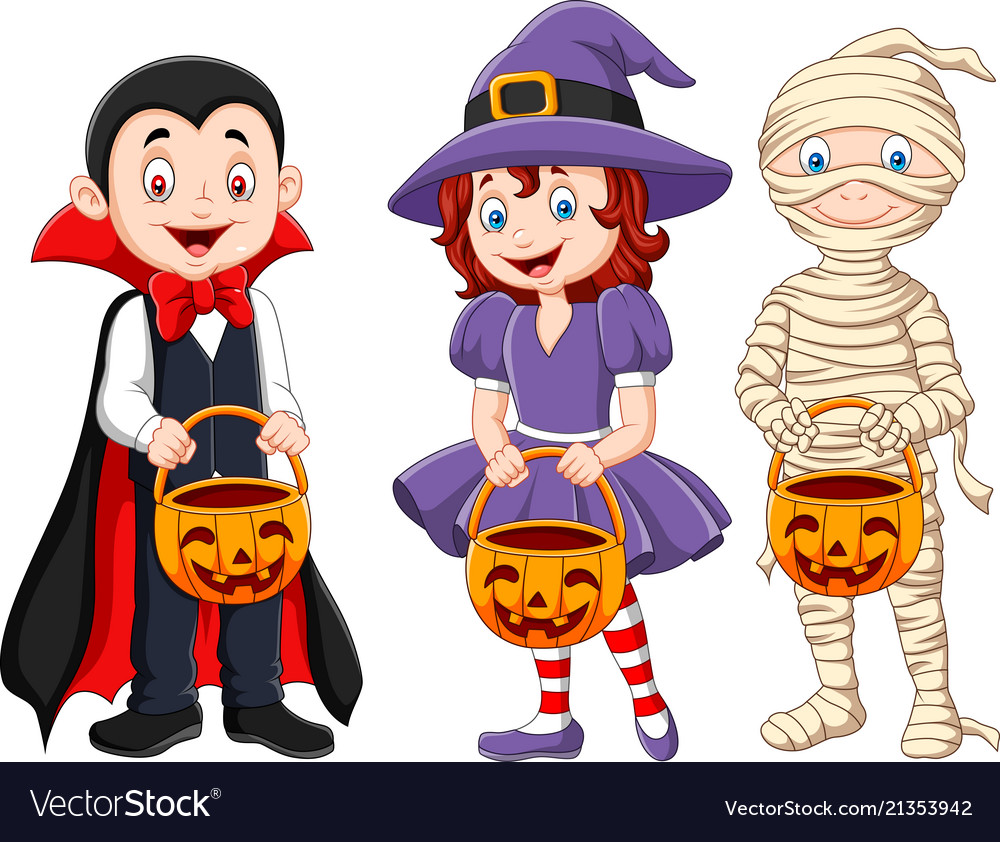Cartoon kids with halloween costume holding pumpki vector image.