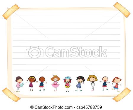 Line paper template with happy kids.