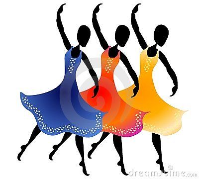 A clip art illustration of 3 women lined up dancing with.
