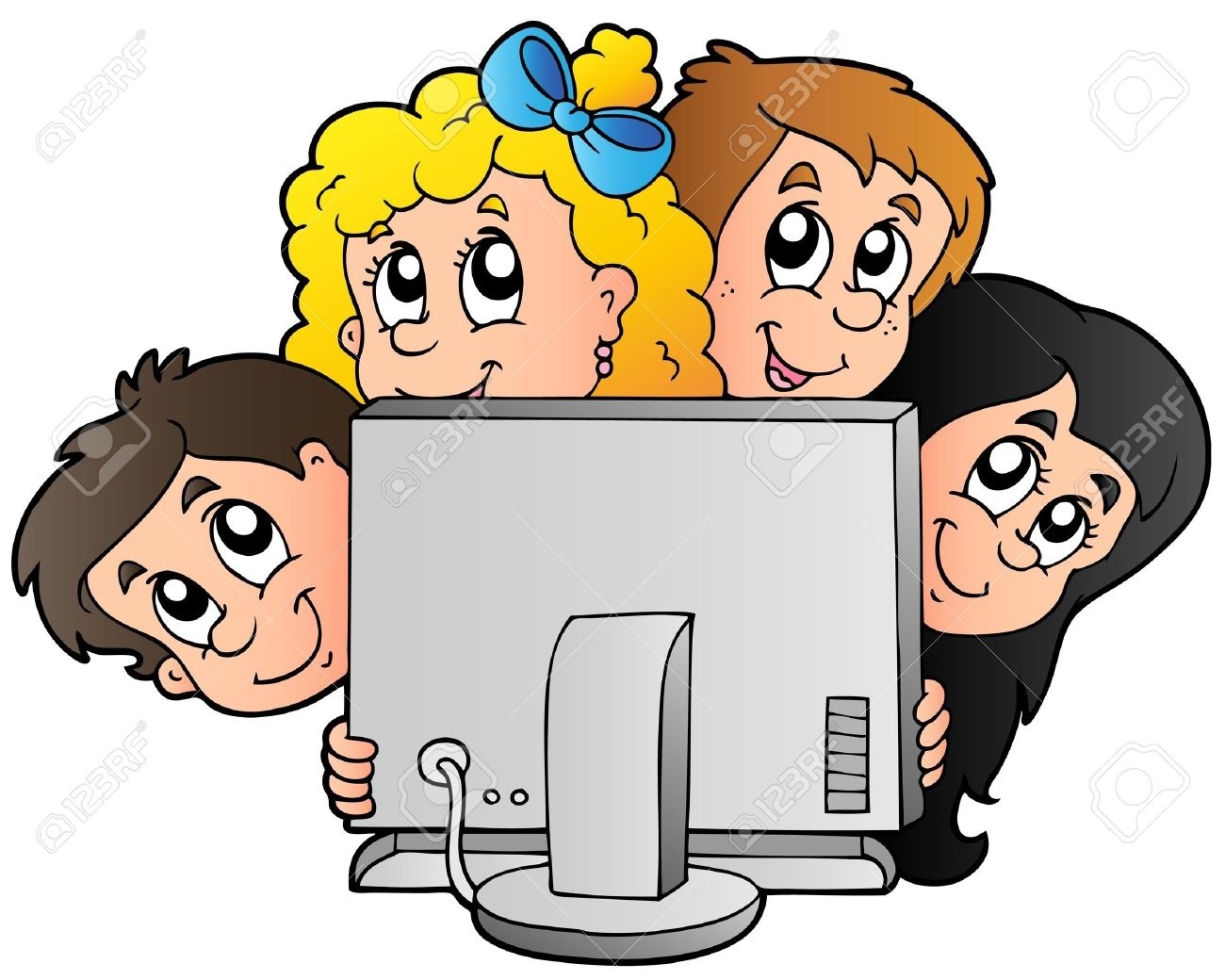 Cartoon Kids With Computer.