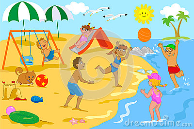 Kids Playing On The Beach Clipart.