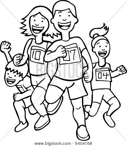 running with kids clipart black and white.