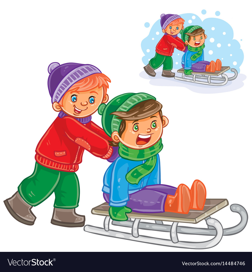 Two boys friends ride a sled.