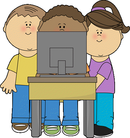 Clipart kids with technology at school.