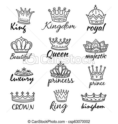 Sketch crowns. Hand drawn king, queen crown and princess tiara. Royalty  vector doodle symbols and majestic logos.