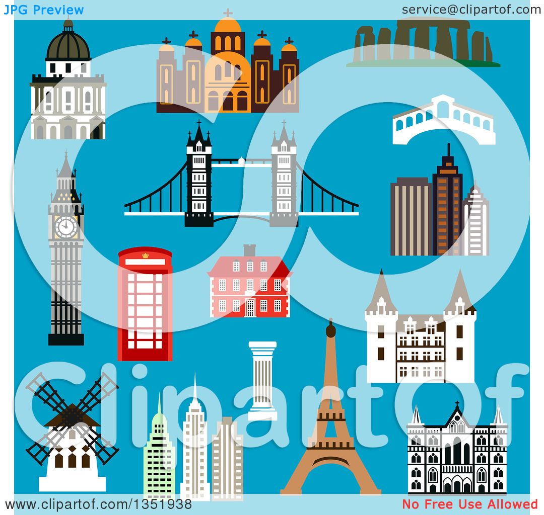 Clipart of Flat Design France, United Kingdom, Greece, USA.